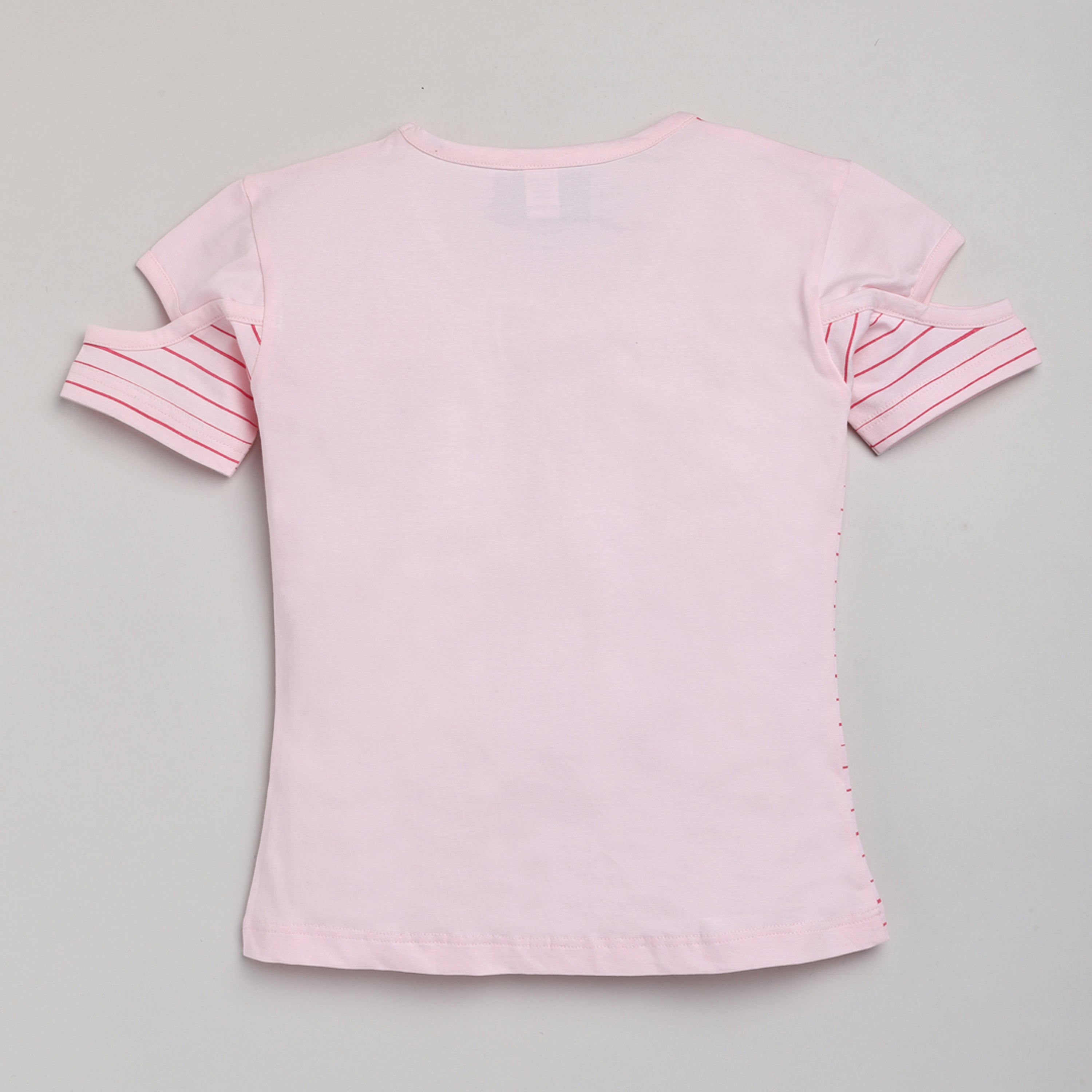 Text Printed Cotton T-Shirt With Cold Shoulder - Pink