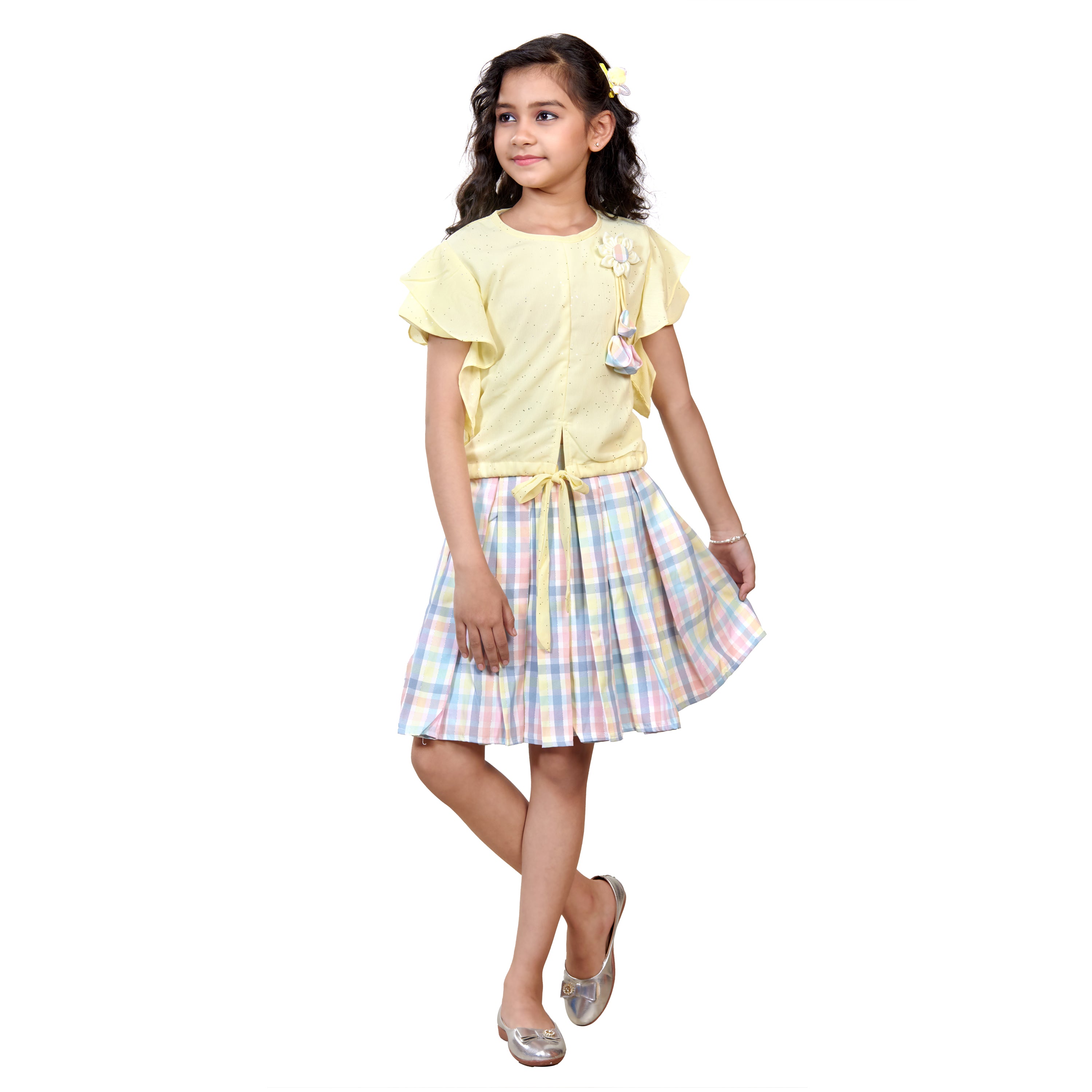 Fancy Top With Check Printed Skirt - Lemon
