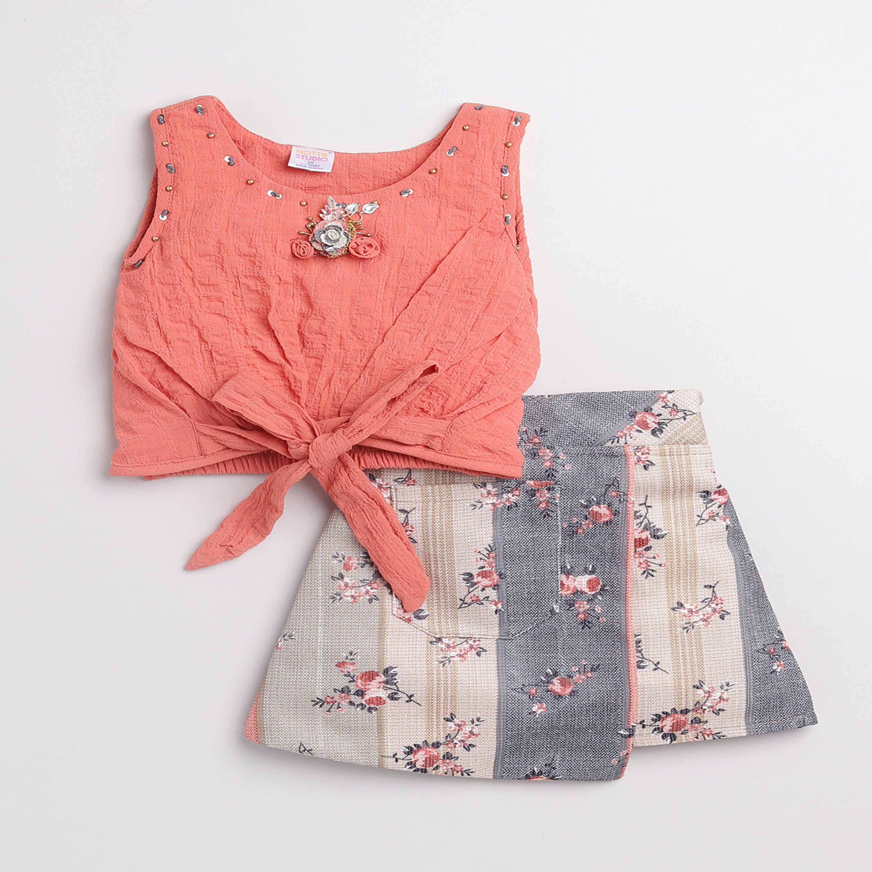 Top With Printed Skirt - Peach