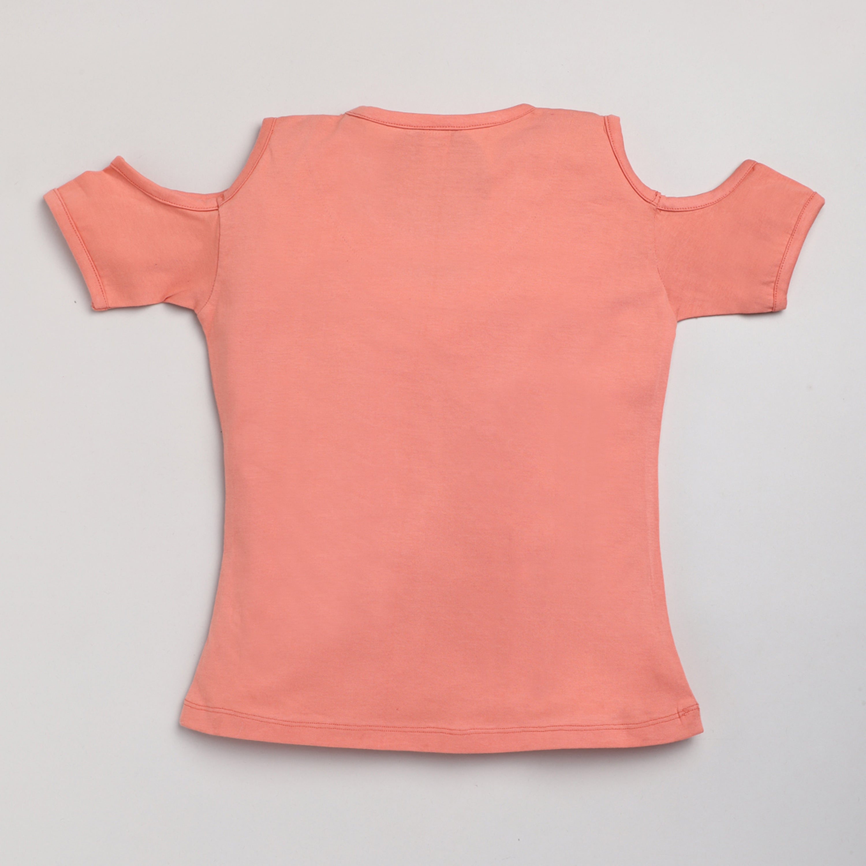 Text Printed Cotton T-Shirt With Cold Shoulder-Coral