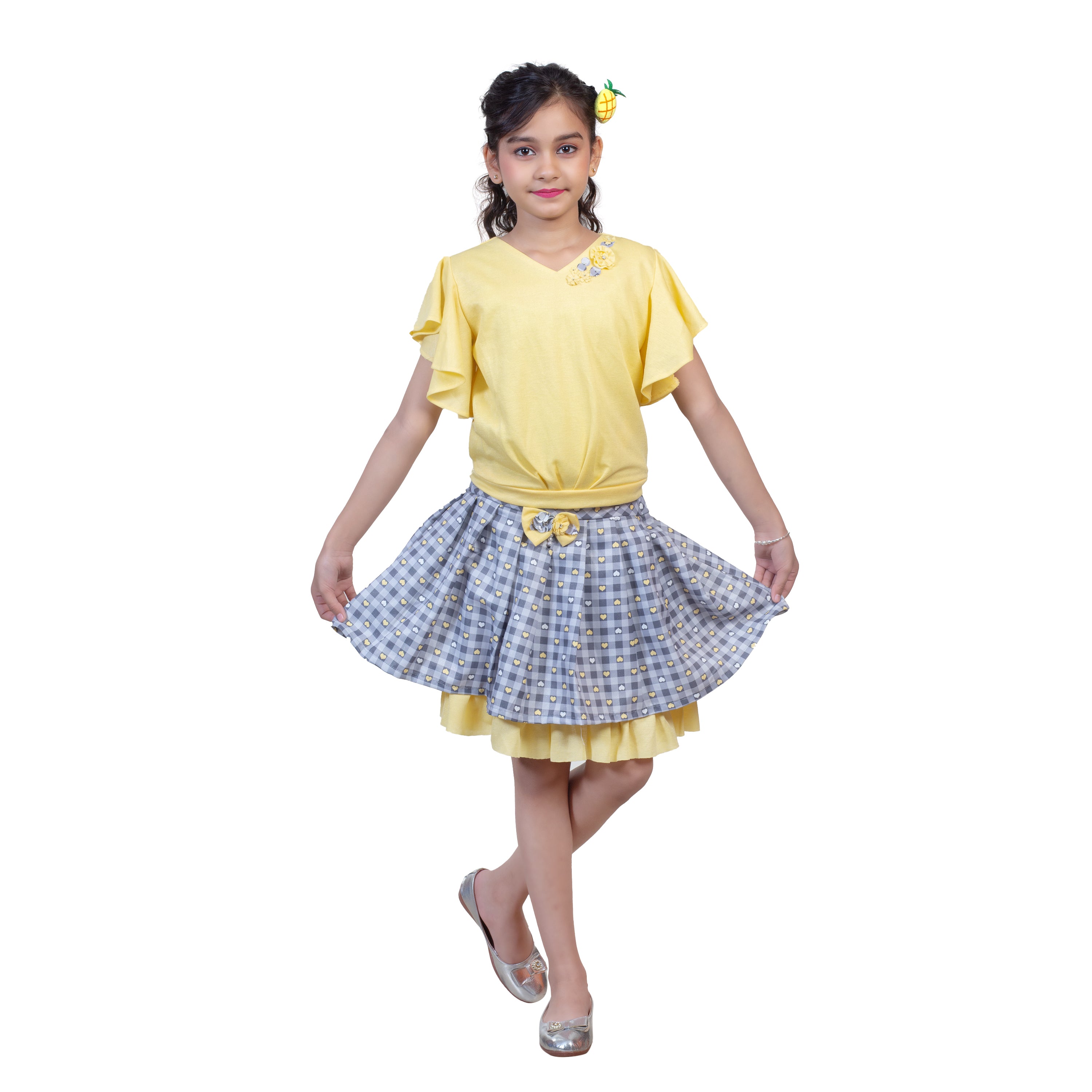 Love Printed Top With Skirt - Mustard