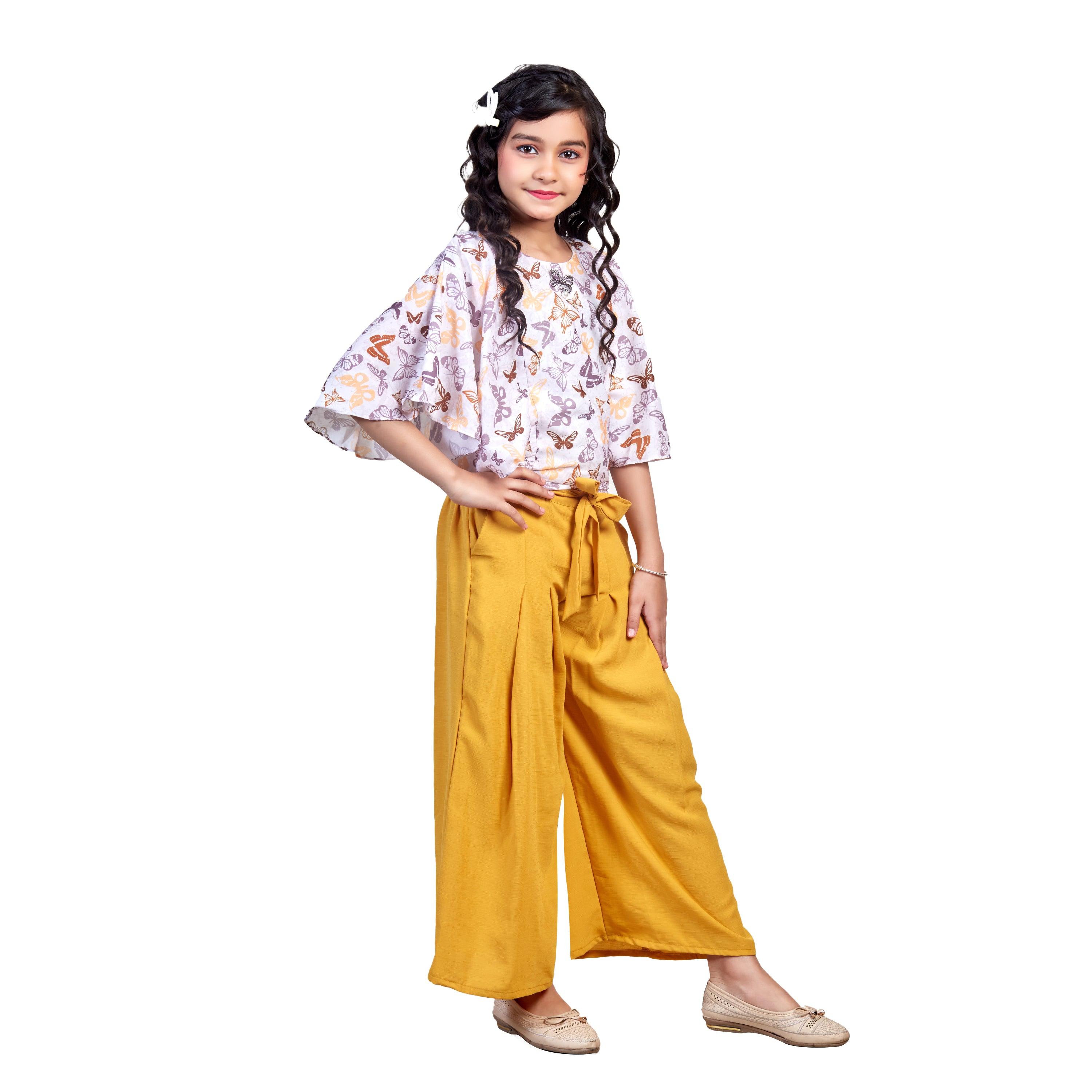 Floral Print Top With Palazzo Pant -Mustard