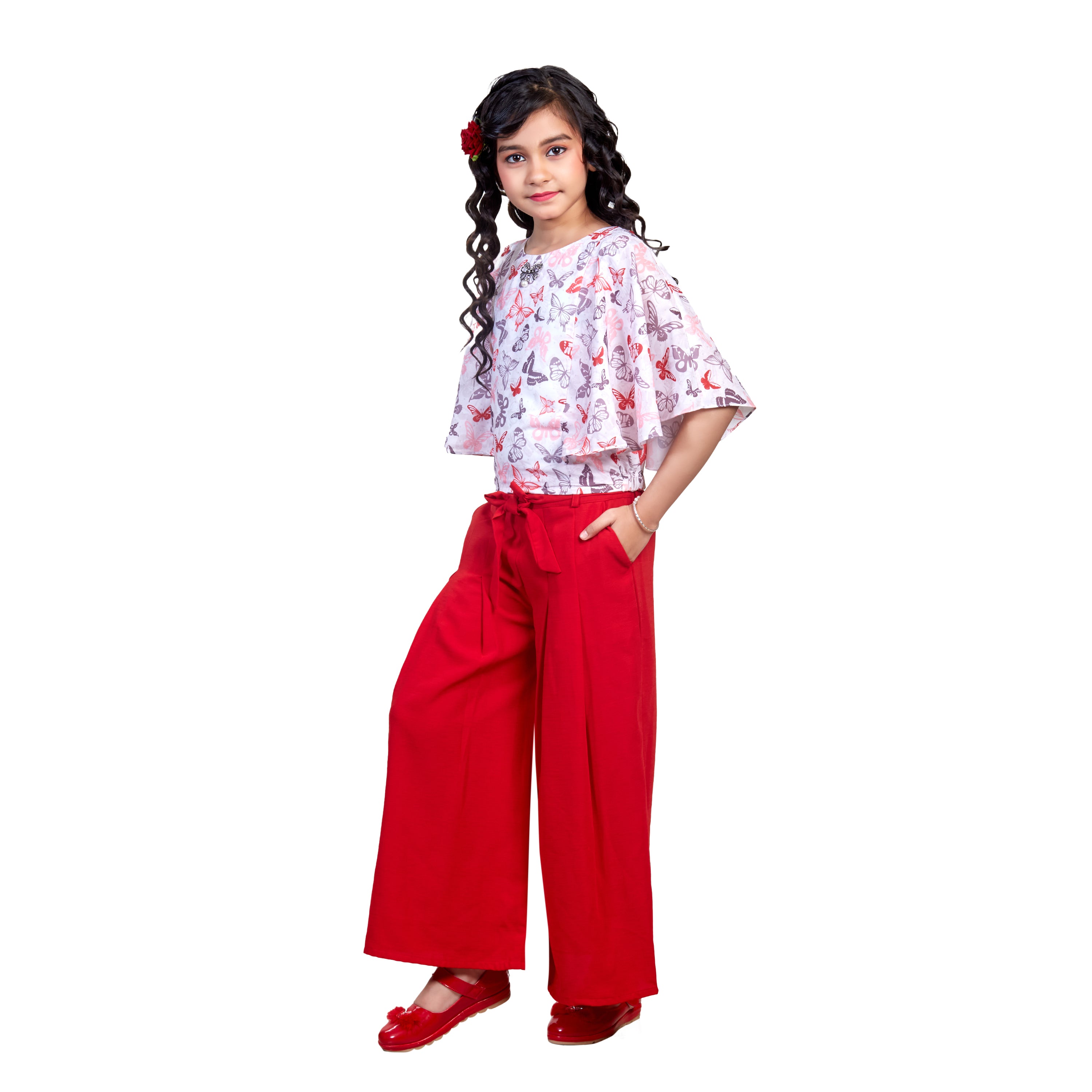Floral Print Top With Palazzo Pant -Red